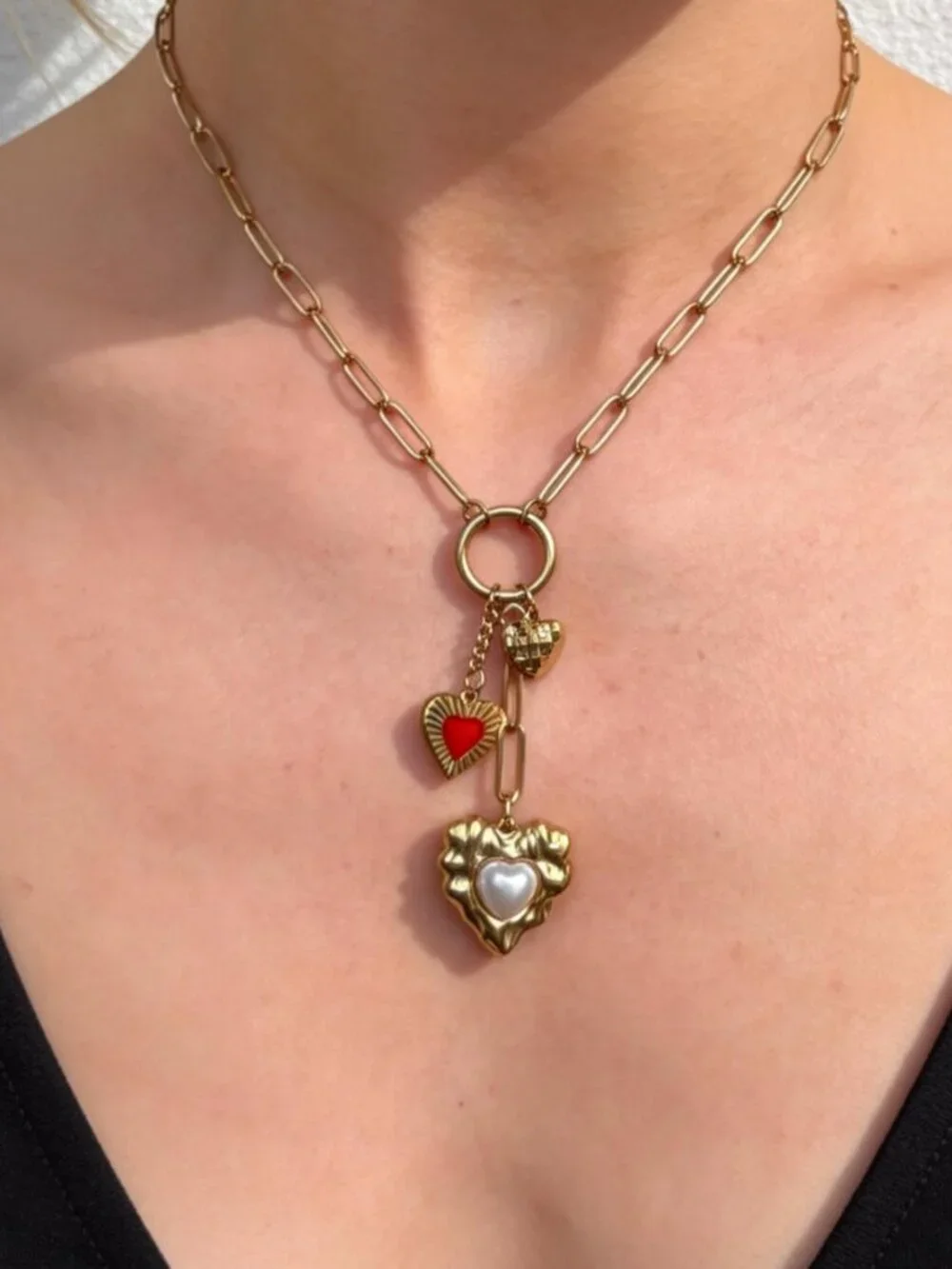 Gold Multi Heart Charm Necklace Stainless Steel - Picture 4 of 13